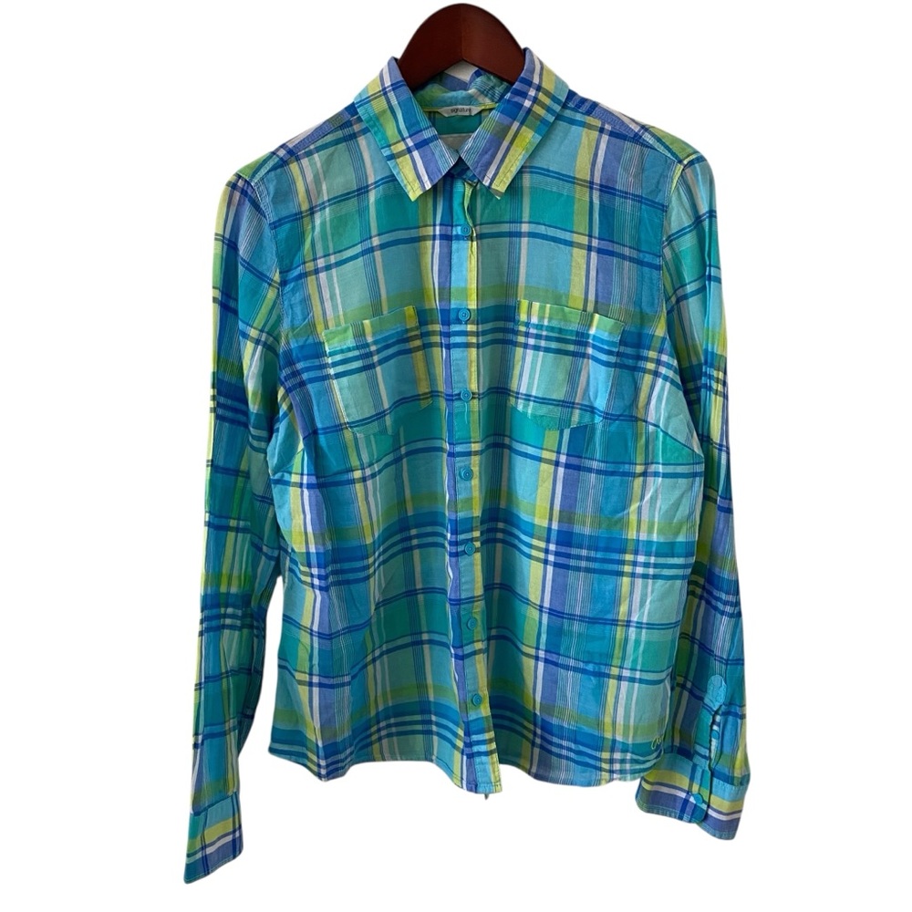 Aeropostale Signature 100 % Cotton Plaid Button Down Shirt Blue Green Women's Si
